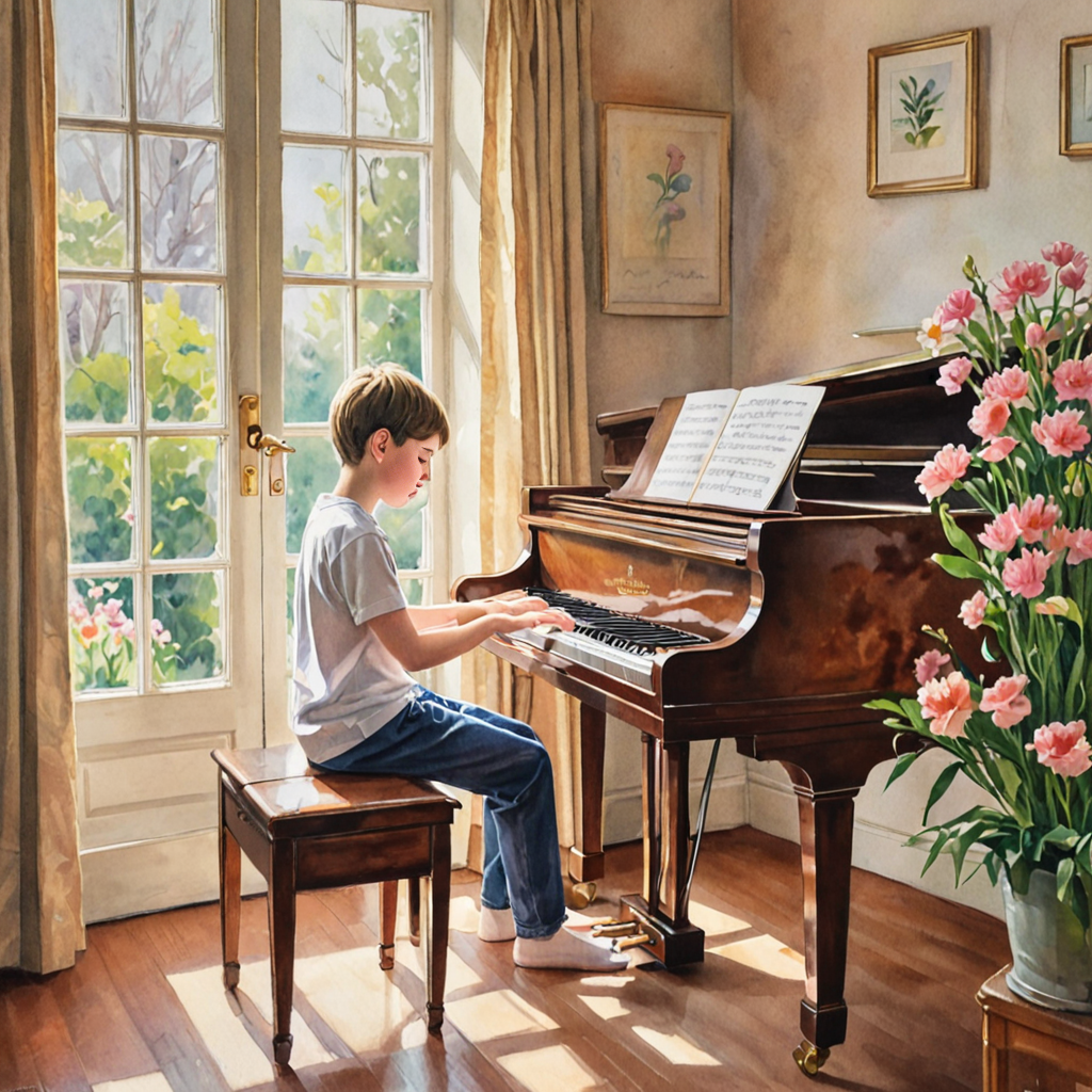 Young pianist confidently preparing for RCM examination with sheet music and practice materials