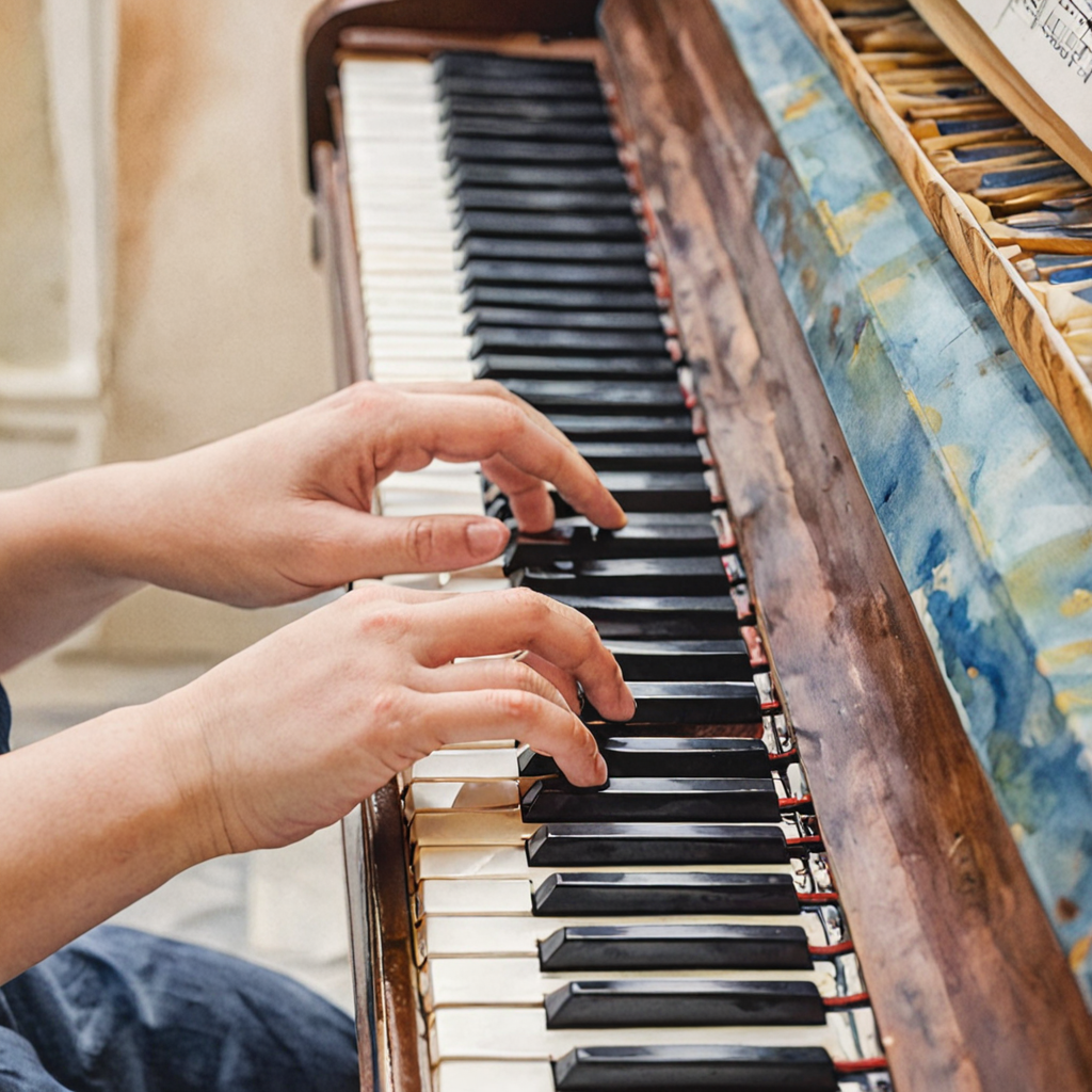 Young piano student demonstrating proper posture and hand position at piano keyboard with curved fingers and relaxed shoulders during technique lesson