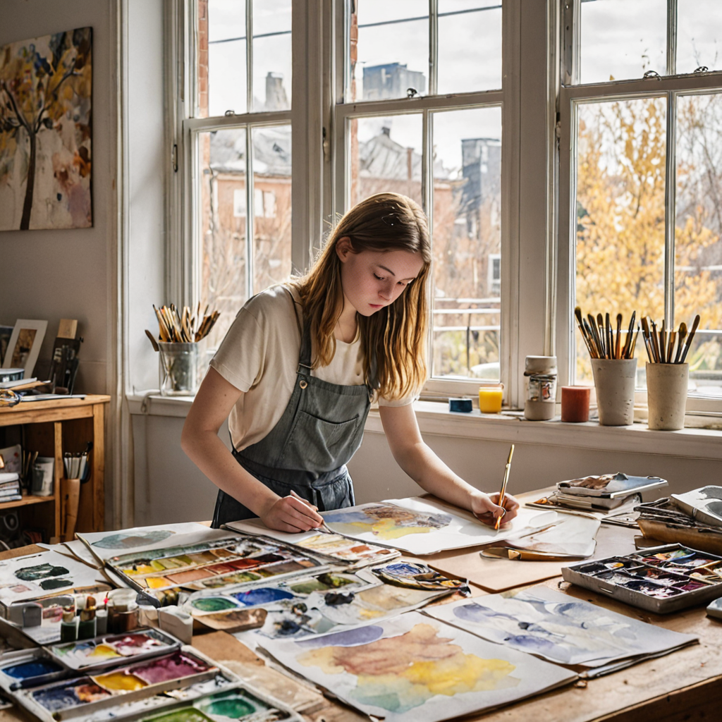 Art student reviewing and refining portfolio pieces laid out on a table in Etobicoke art studio