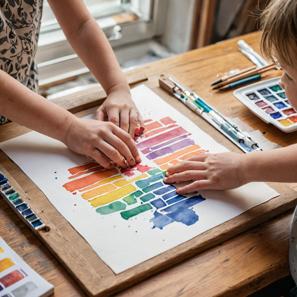 Children's hands creating colorful printmaking art using stamps and relief printing techniques with pattern and repetition in Toronto art studio