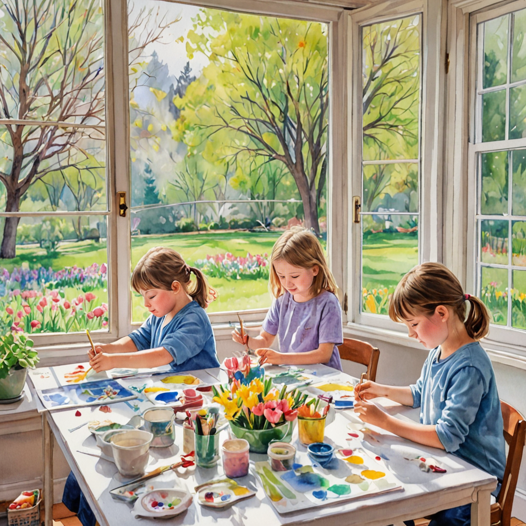 Children creating colorful spring-themed watercolor paintings with flowers and nature subjects