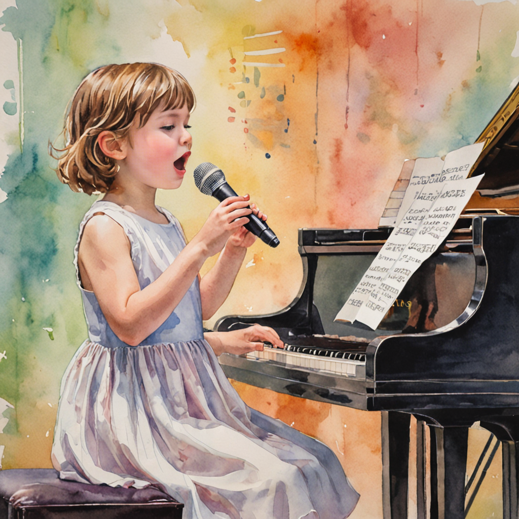 Young singer confidently performing age-appropriate repertoire with sheet music