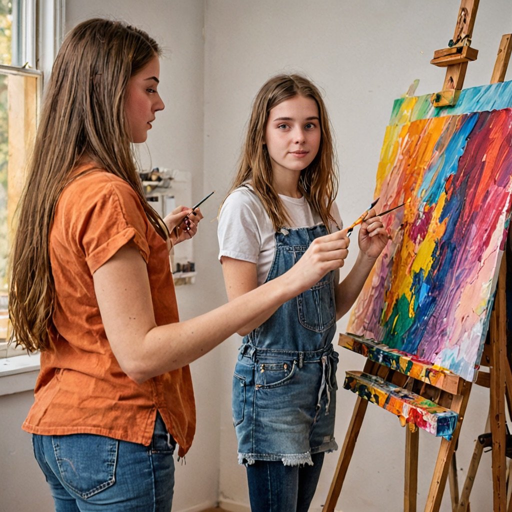 Teenager painting an acrylic still life on canvas during a private art lesson