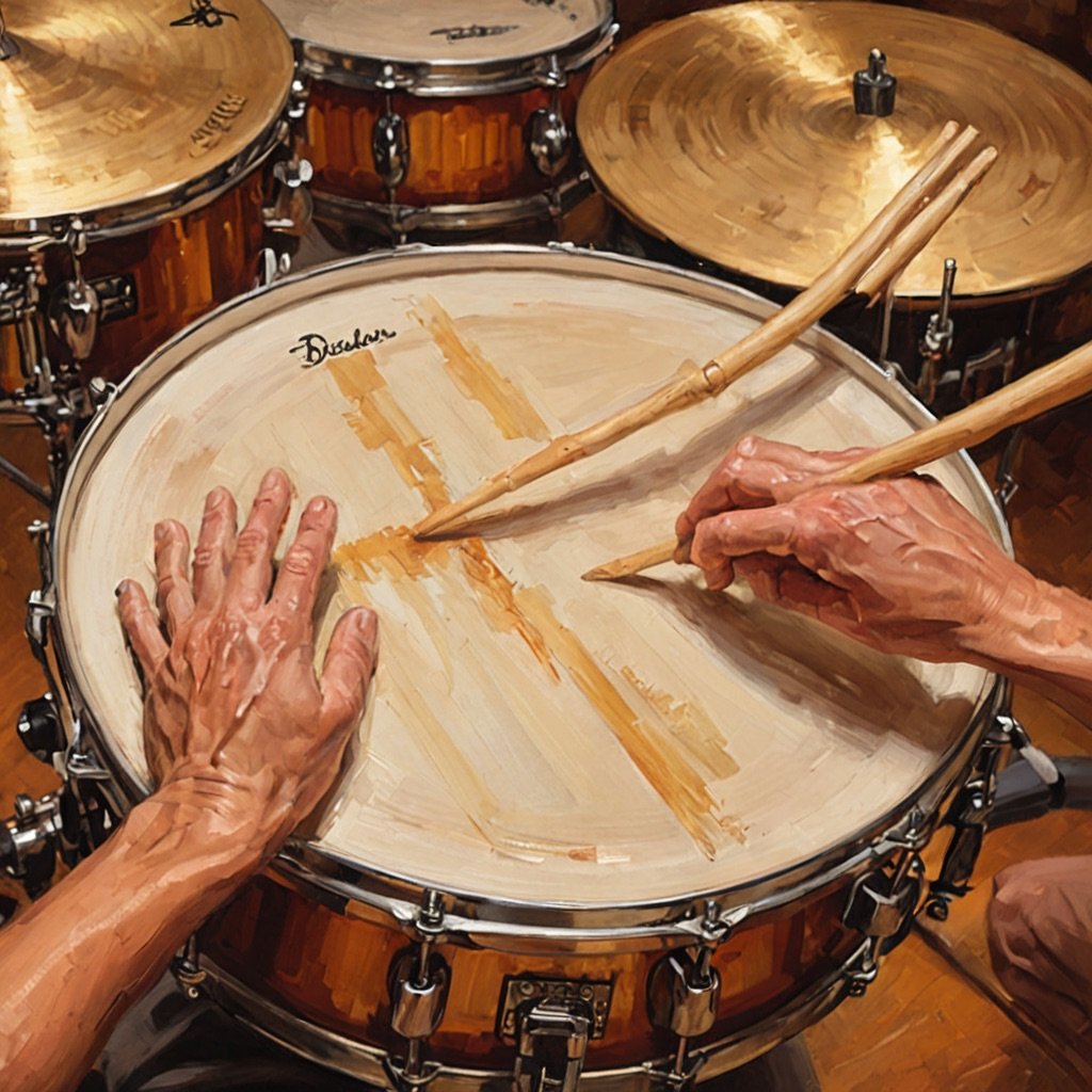 Adult hands gripping drumsticks above a snare drum in warm studio light, oil painting style