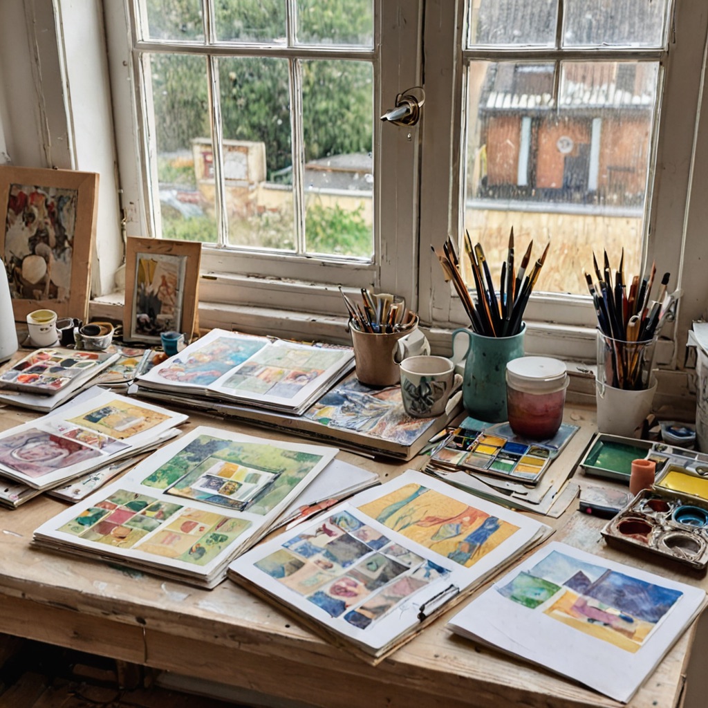 Art student organizing portfolio pieces and sketchbooks on a studio table following a 12-month preparation timeline