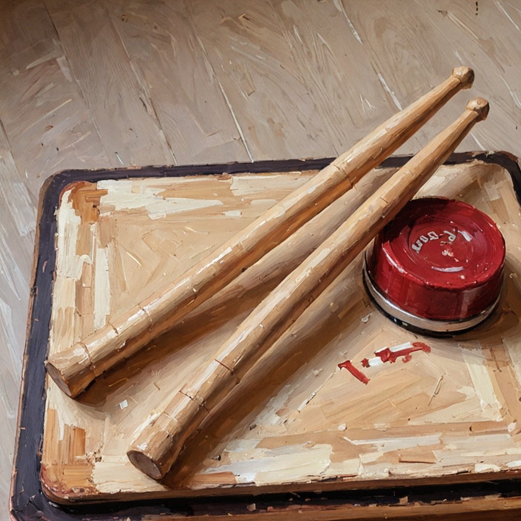 Pair of drumsticks resting on a practice pad beside a metronome, impressionist oil painting style