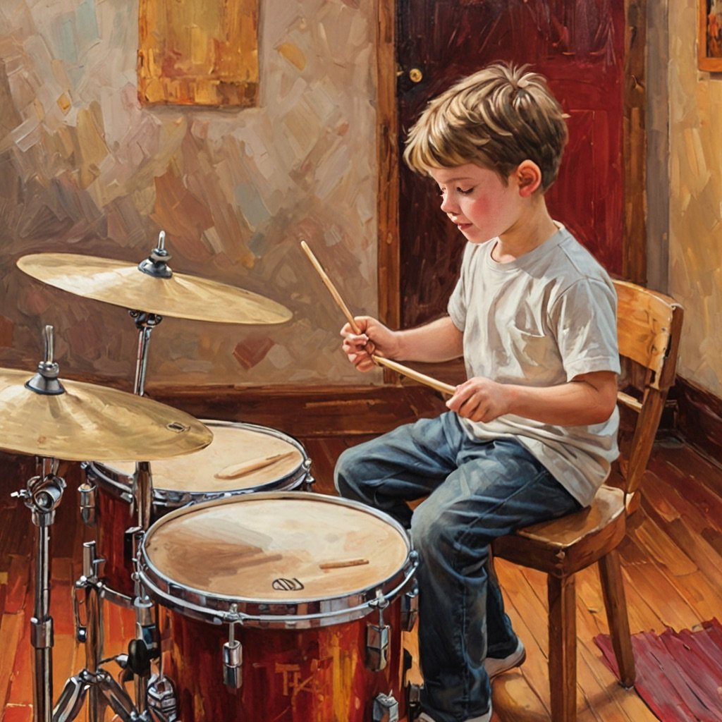 Child holding drumsticks during a private drum lesson in a music school, impressionist painting style
