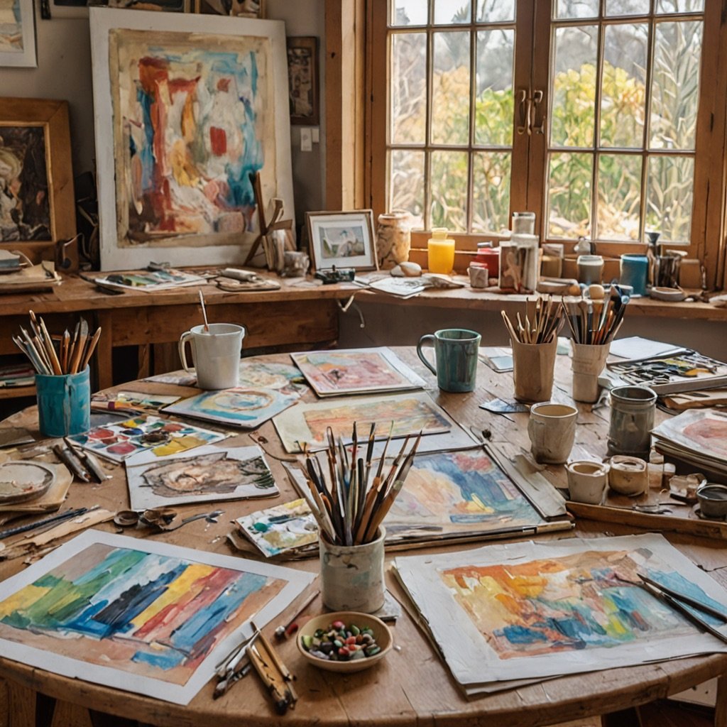 Student arranging art portfolio pieces on a table during portfolio preparation session