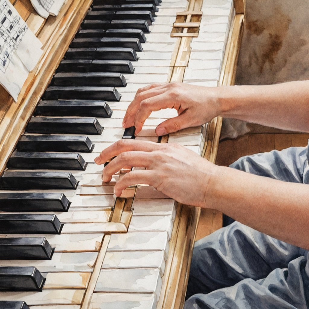 Young child's hands on piano keys during a first piano lesson, watercolour painting style
