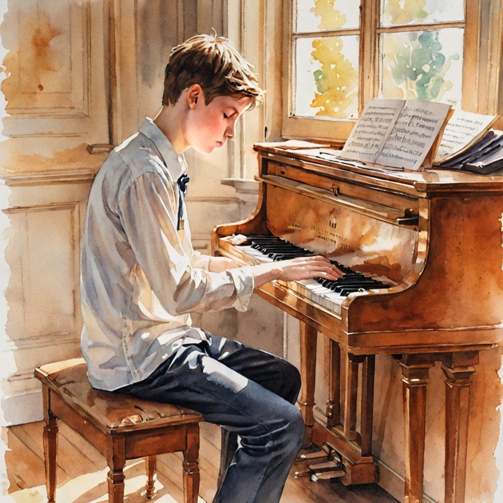Young piano student practicing scales at a piano in warm afternoon light, watercolour style
