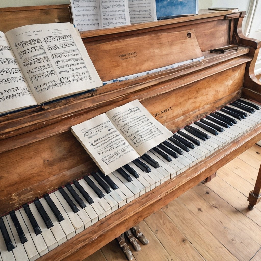 Music theory workbook open on a desk beside a piano keyboard, watercolour painting style