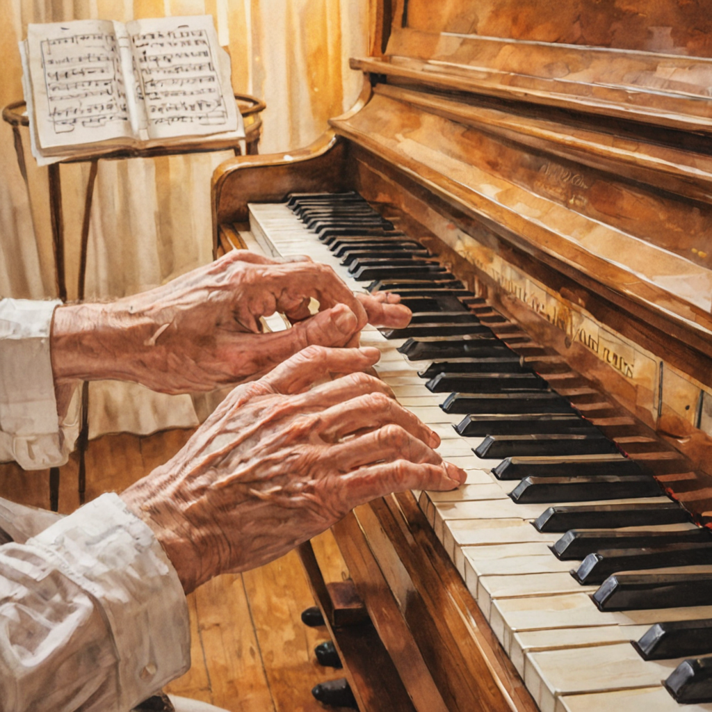 Adult returning to piano playing with sheet music at a keyboard