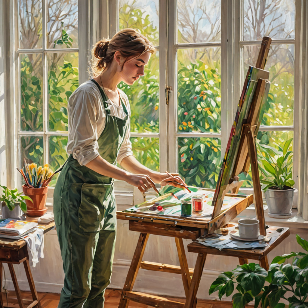 Young student working on a colourful art competition entry at a studio table
