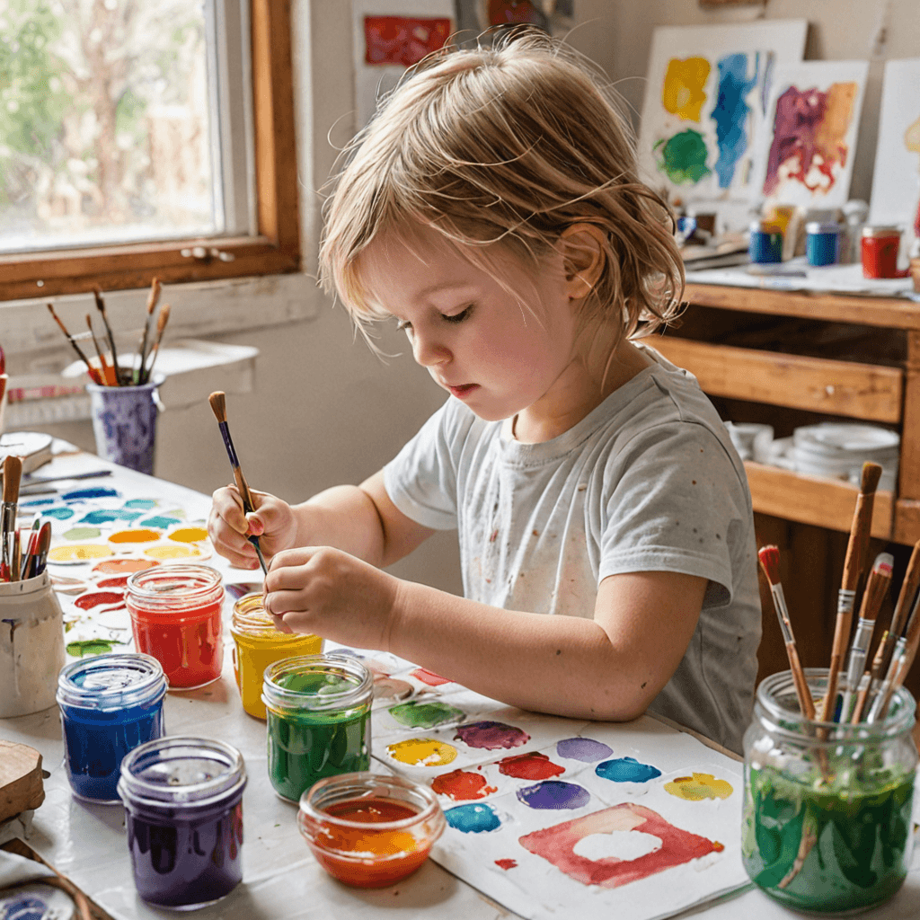 Young child painting with watercolours at an art class table in Etobicoke