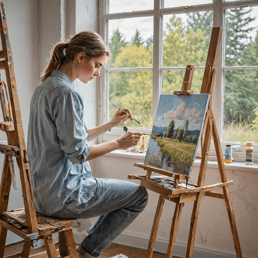 Oil painting of an adult student at an easel in a bright art studio, painting a landscape in acrylics with focused calm