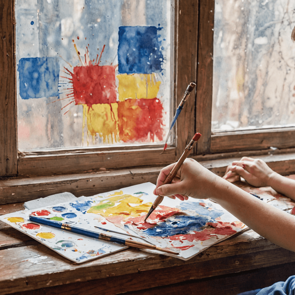 Watercolor illustration of a child mixing primary colours on a palette with bright red, yellow, and blue swatches