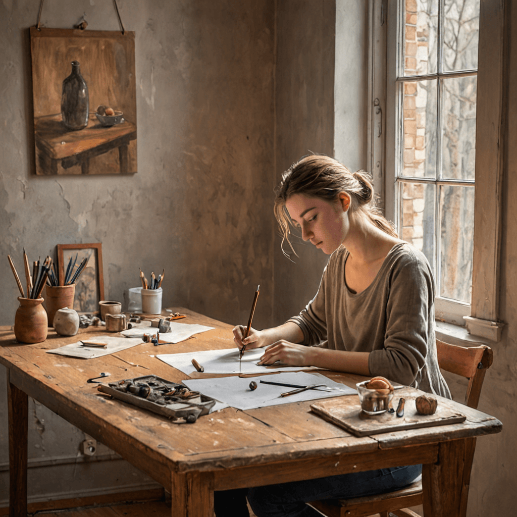 Art student carefully rendering a still life in graphite at a drafting table