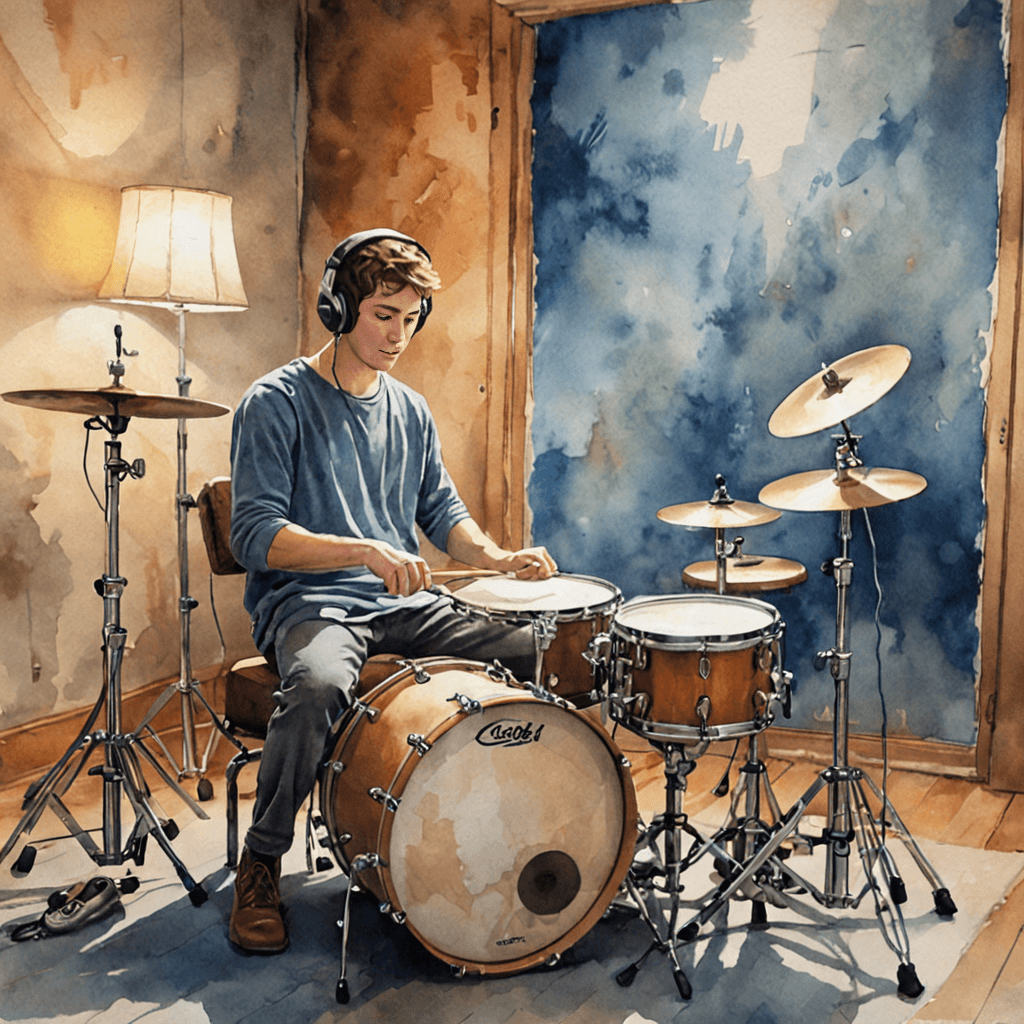 Young drum student practicing on an electronic drum kit with headphones in a cozy home corner