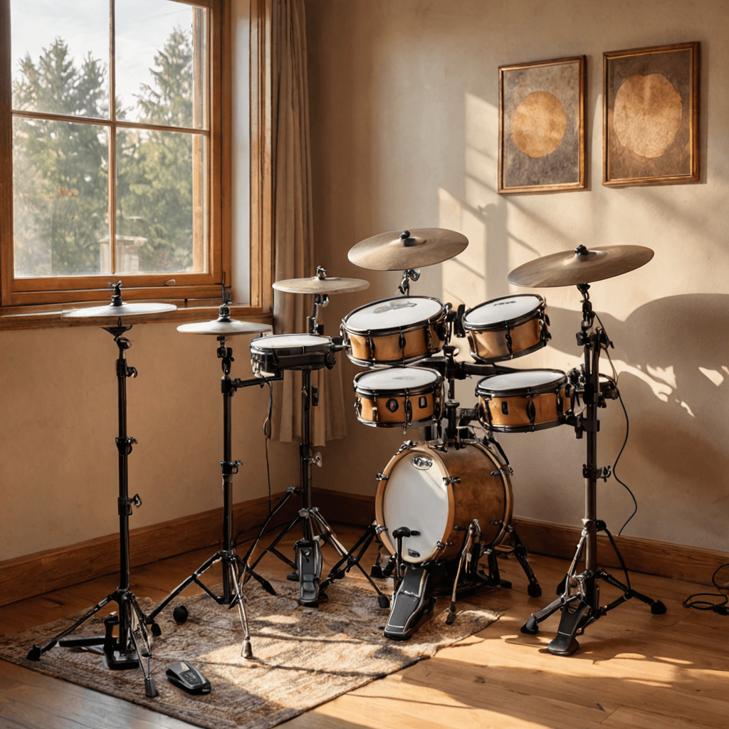 Electronic drum kit with mesh pads beside a traditional acoustic drum kit in a warm home studio