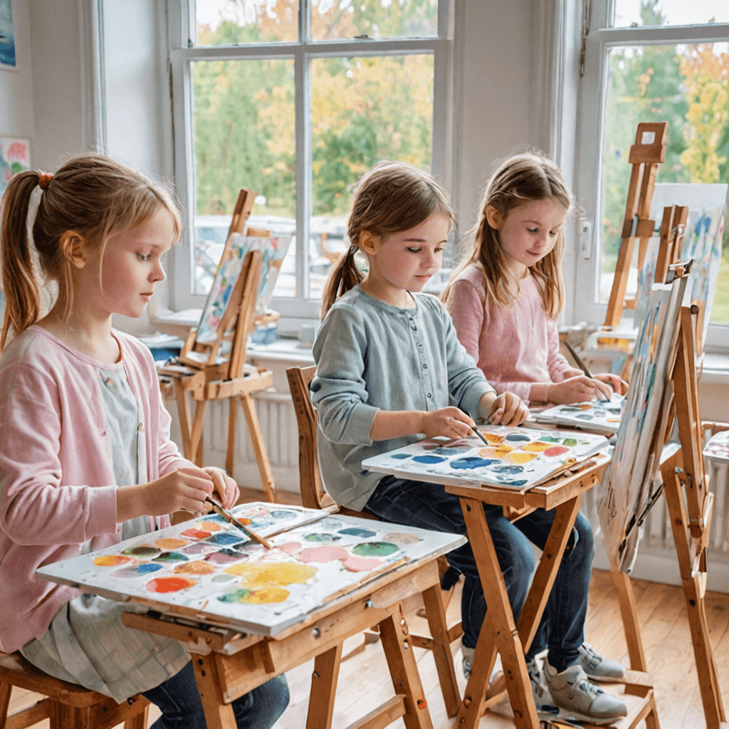 Children in a group art class painting at easels in a bright studio setting