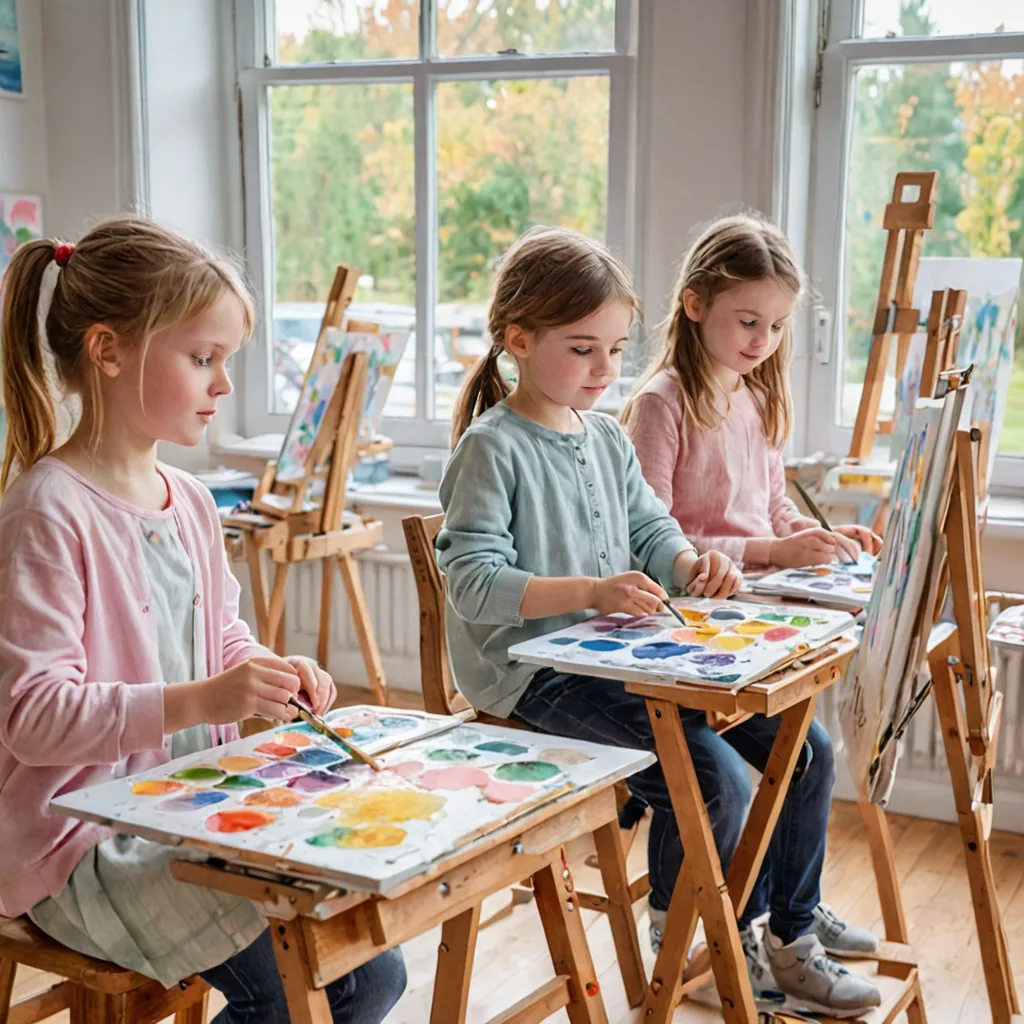 Children in a group art class painting at easels in a bright studio setting