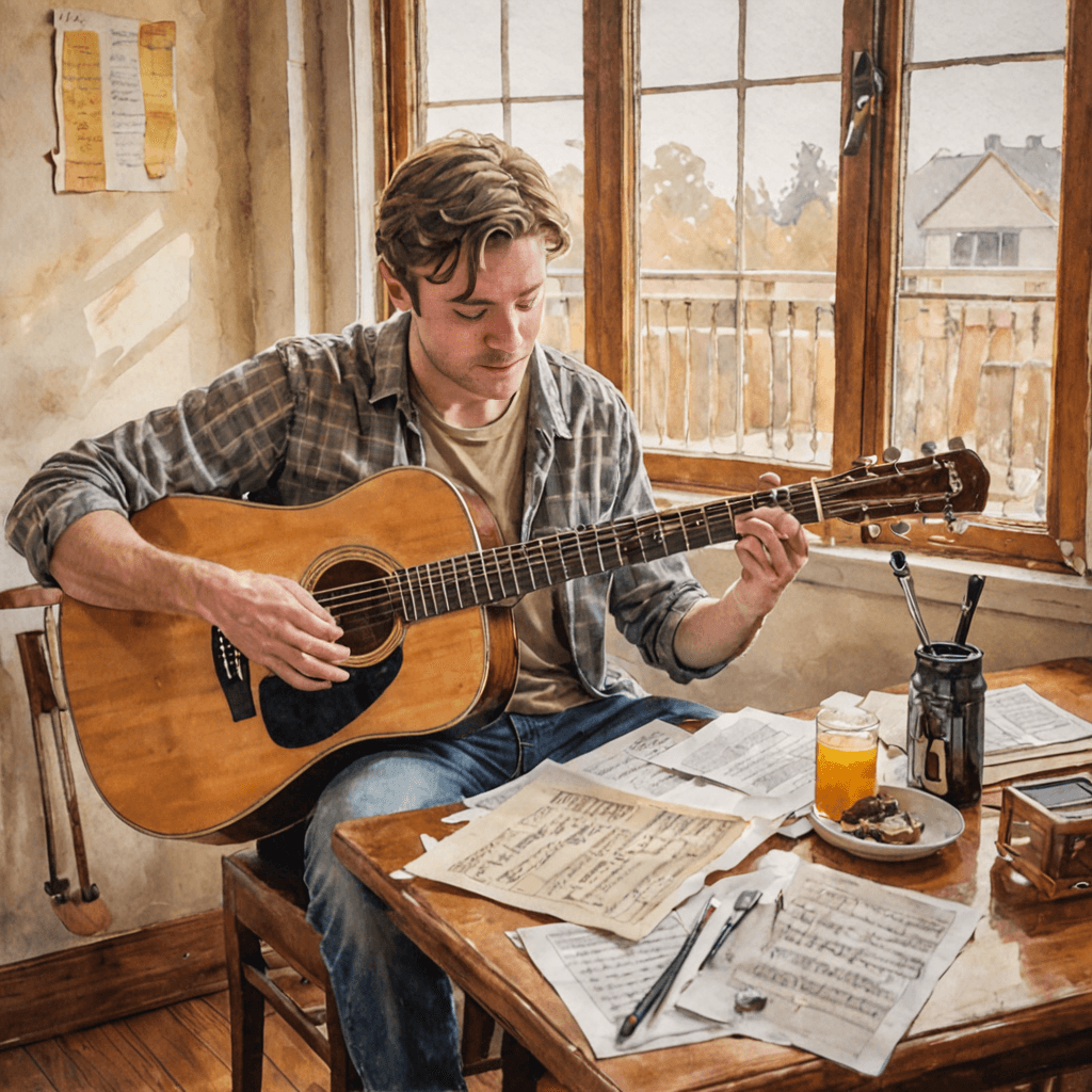 Watercolor of a beginner guitarist practicing chords on an acoustic guitar at a kitchen table, sheet music nearby