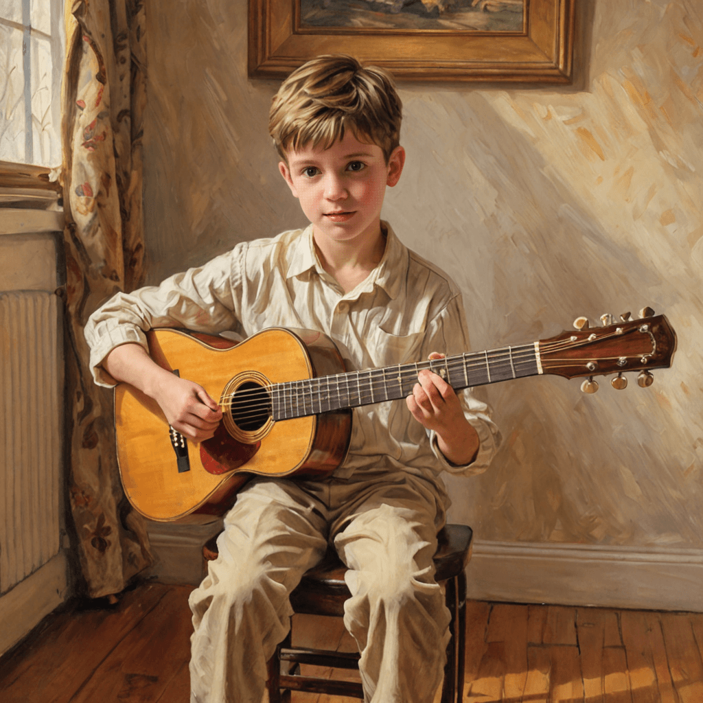 Young child holding a small nylon-string guitar during a beginner guitar lesson in Etobicoke