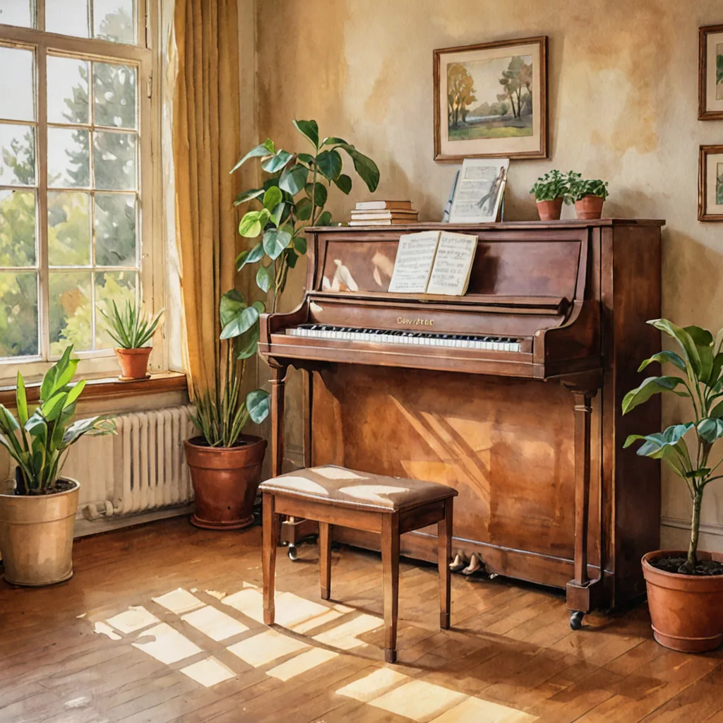 Bright music school lesson room in Etobicoke with upright piano and guitar, painted in a warm watercolor style