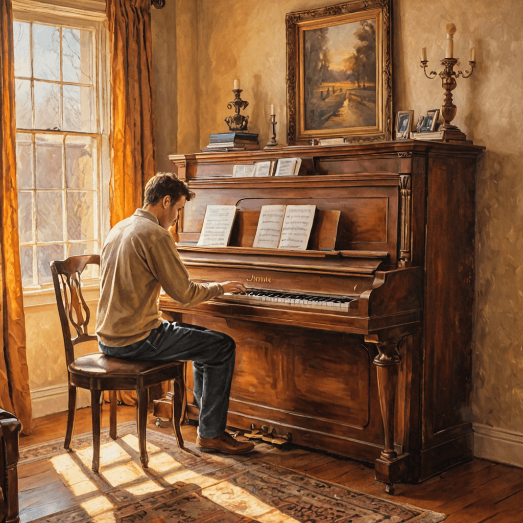Working adult practicing piano at home in the evening with sheet music on the stand