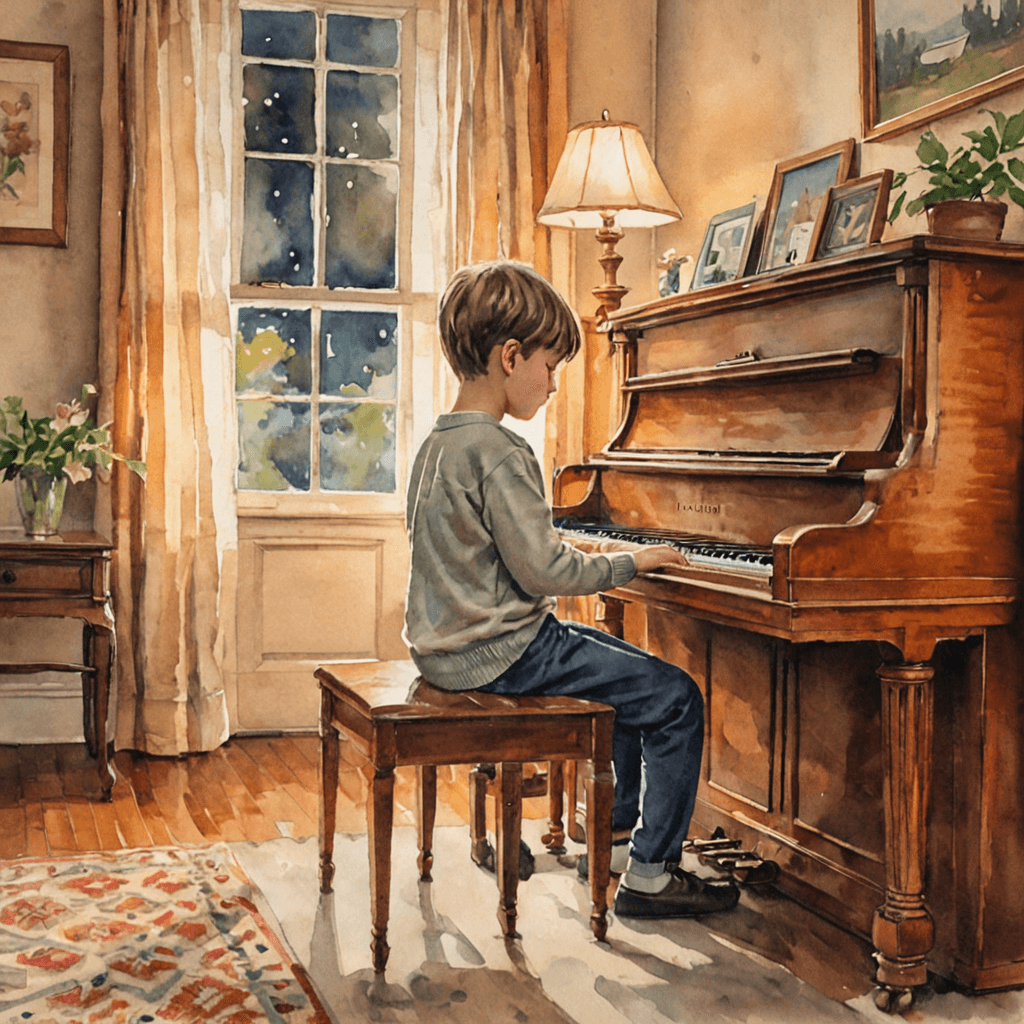 Young piano student practicing at an upright piano in a warm home setting preparing for a recital