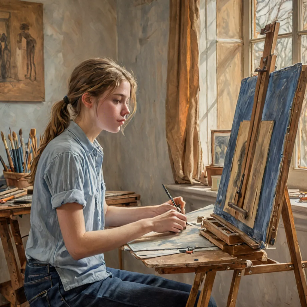Oil painting of a teen artist carefully drawing a portrait from observation, charcoal portraits on the wall behind