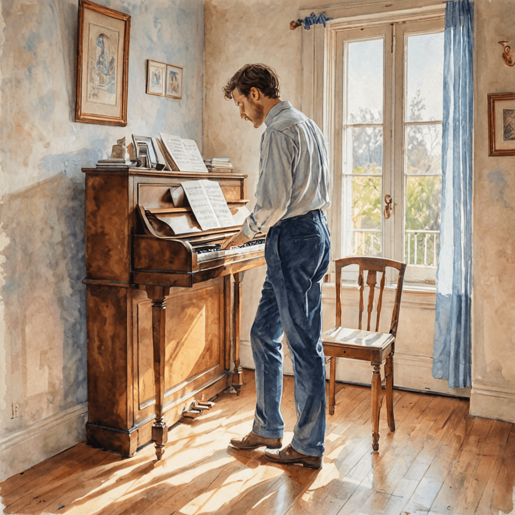 Watercolor illustration of a singer practicing vocal exercises at home with a piano keyboard nearby and good standing posture