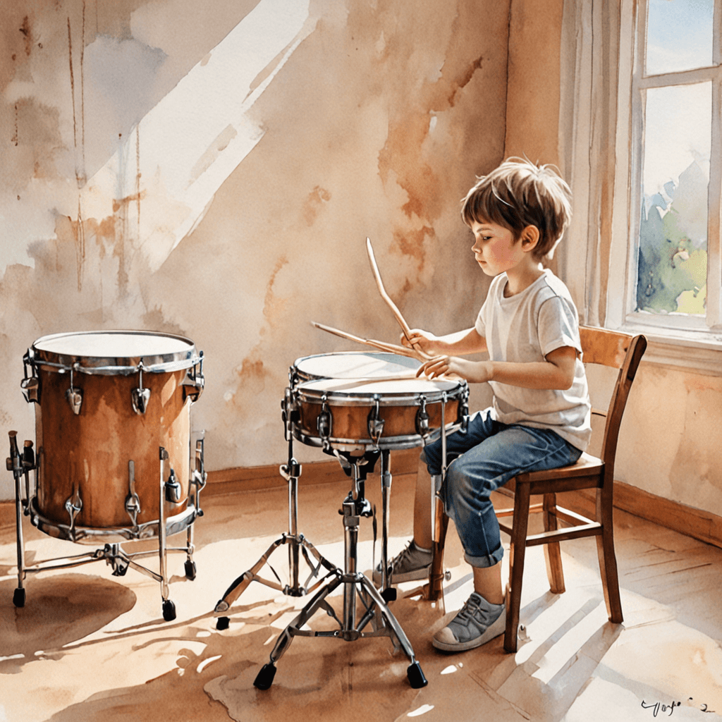 Child taking a private drum lesson at Muzart Music and Art School in Etobicoke, watercolour illustration of focused drumming