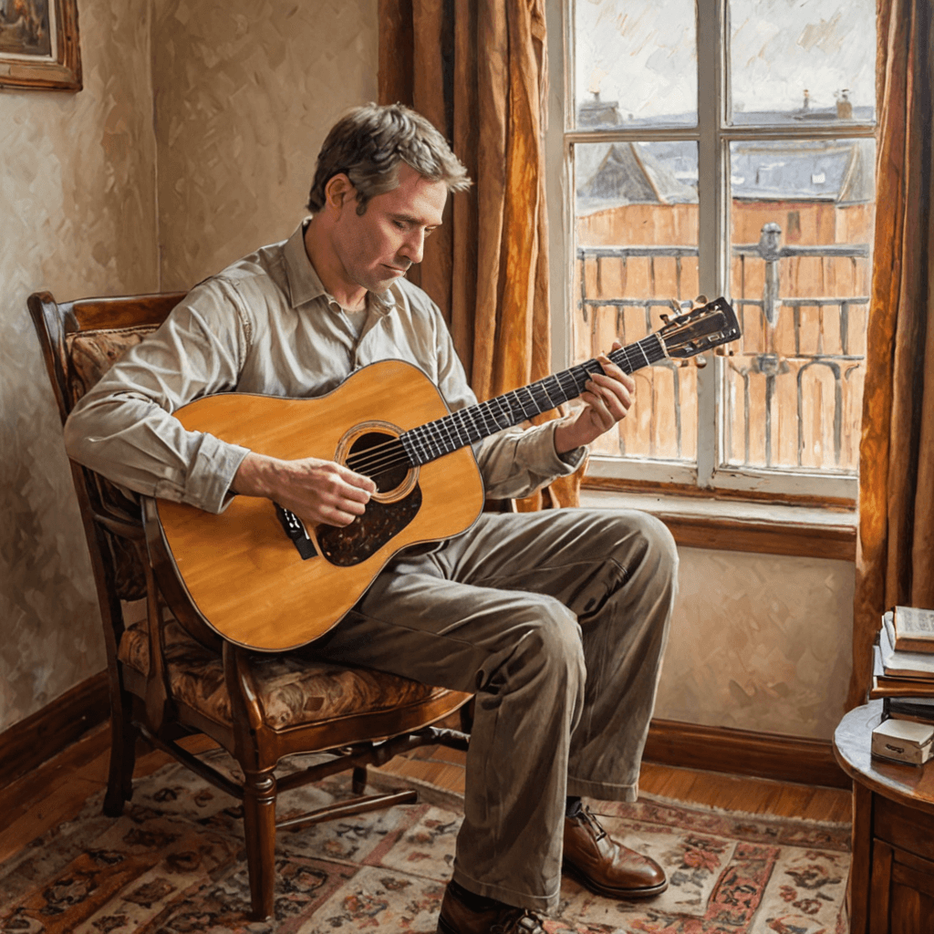 Adult learner holding an acoustic guitar in a warm home setting with sheet music on a nearby stand