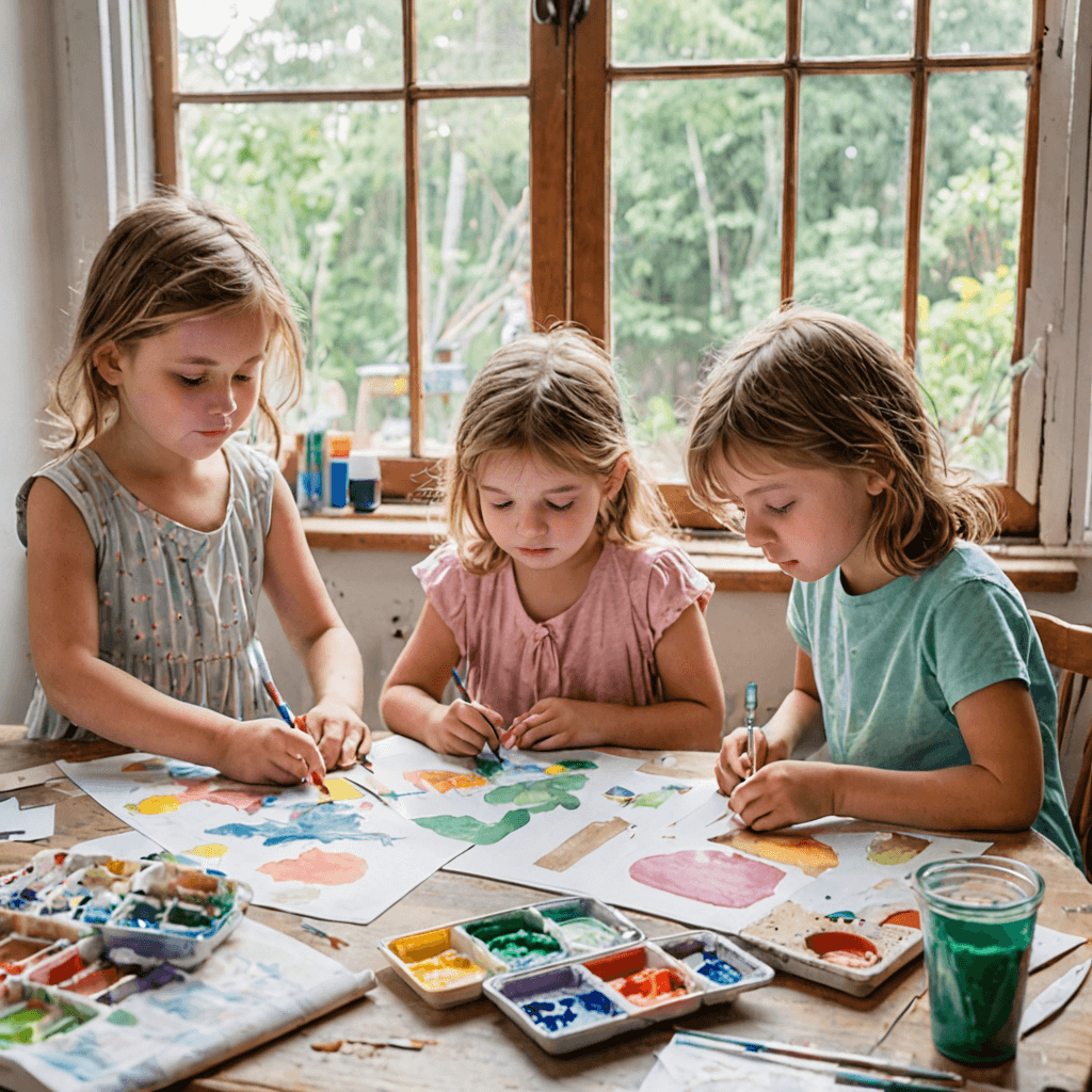 Young children working with oil pastels and paper at a low art table in a bright sunlit studio