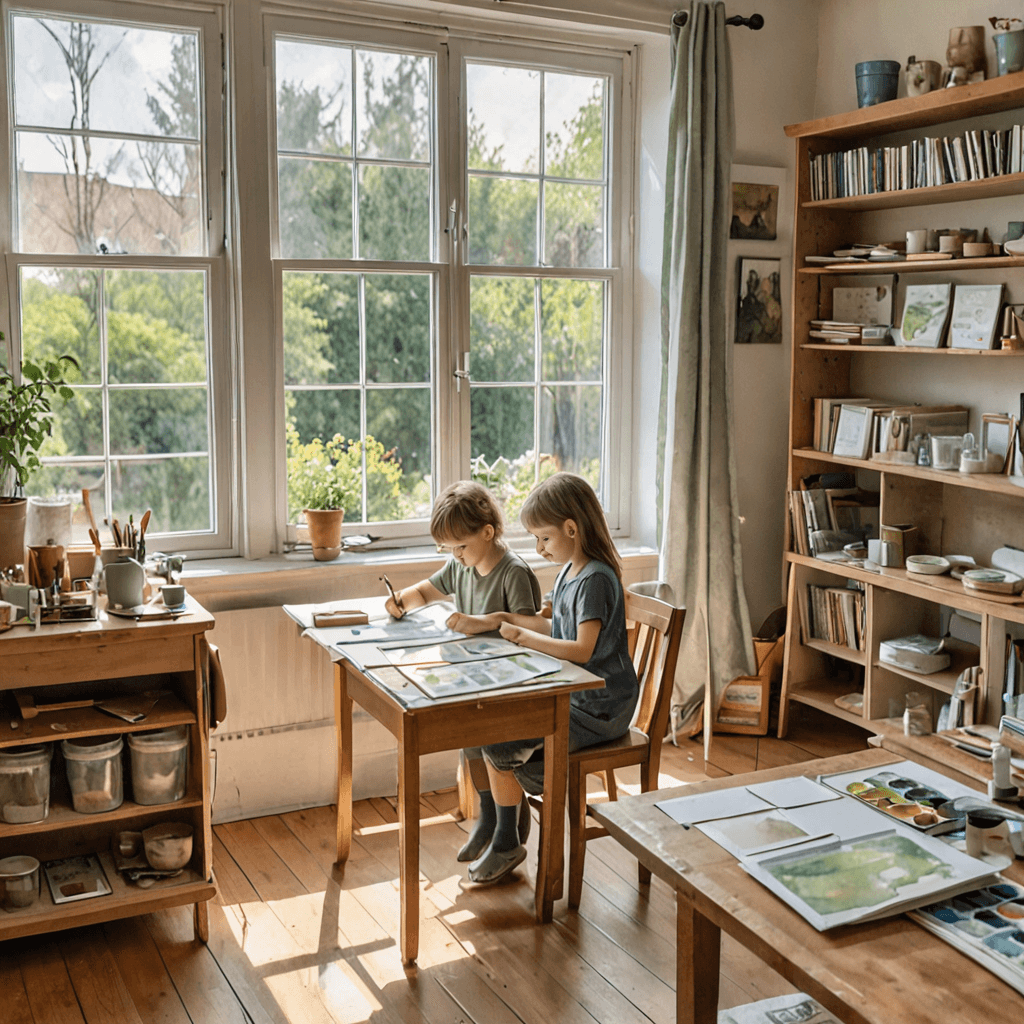 Children working on art projects in a bright Etobicoke art studio, watercolour illustration of a private art school setting