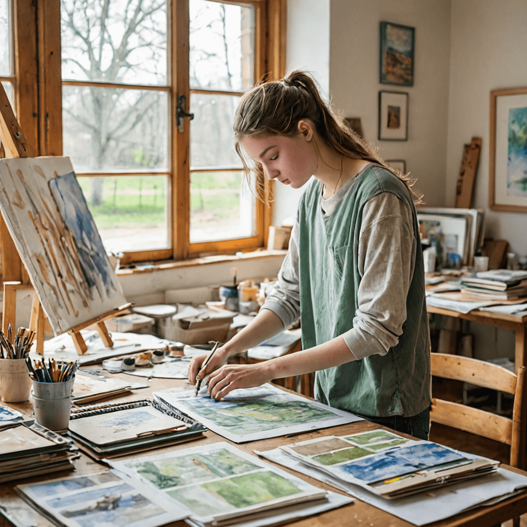 Teen art student arranging portfolio pieces for Canadian university applications at a portfolio preparation studio in Etobicoke