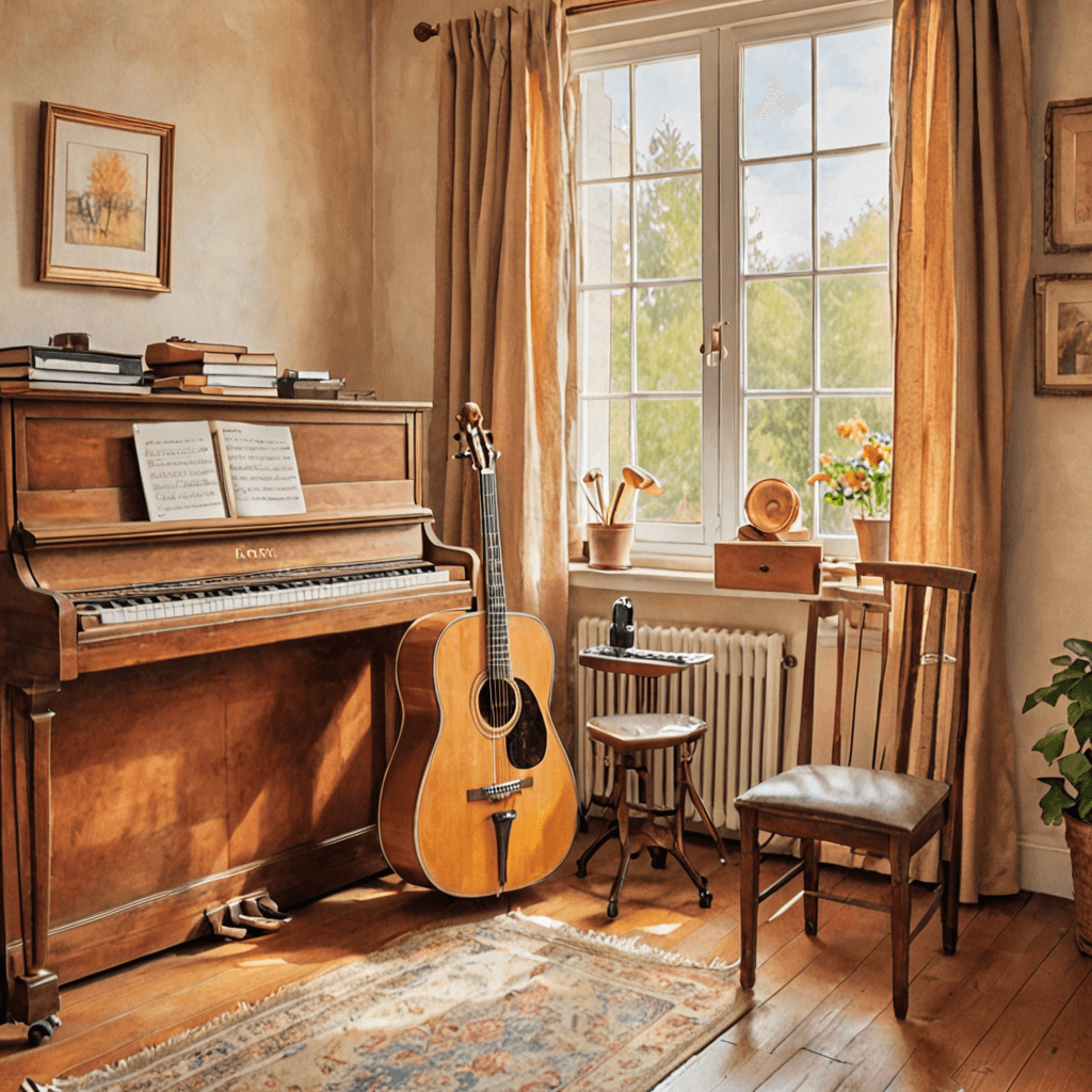 Watercolour illustration showing piano, acoustic guitar, drum kit, and microphone arranged together representing music lesson options at a music school in Etobicoke