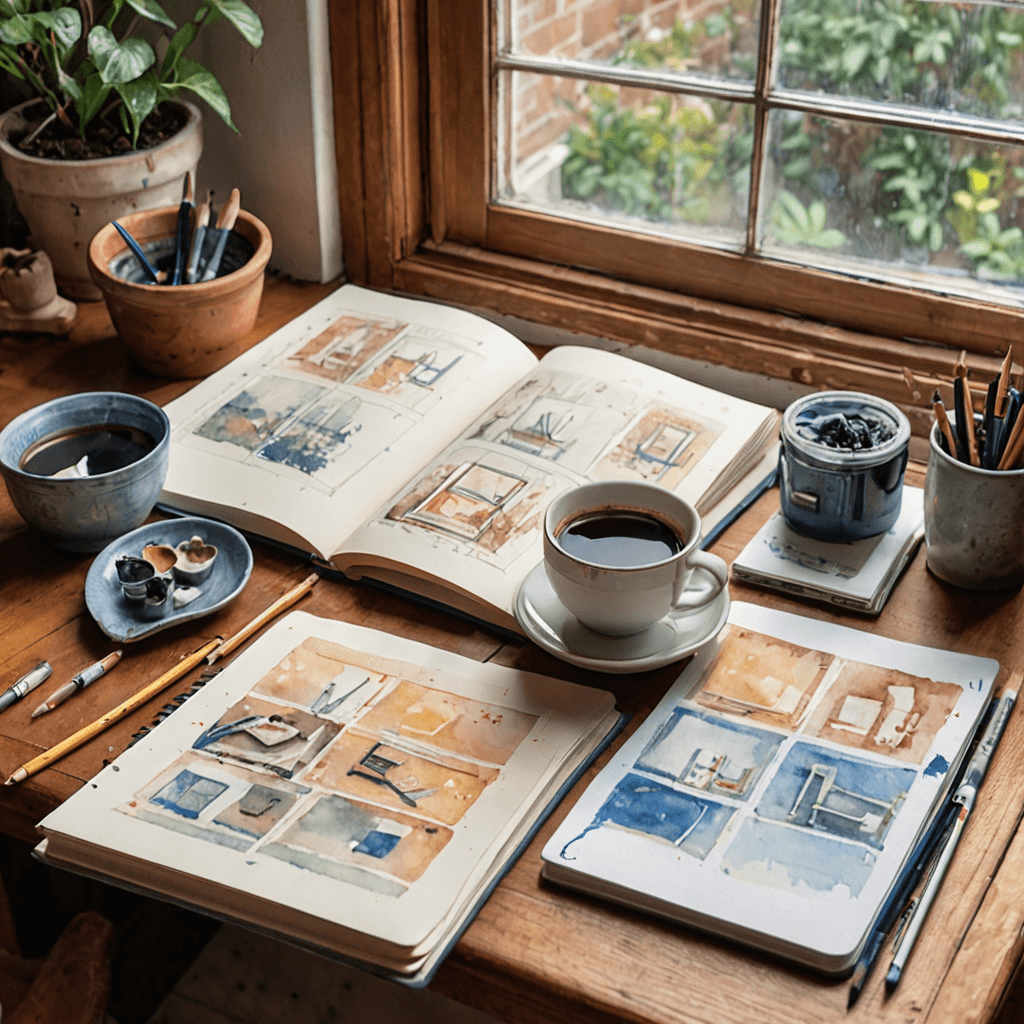 Open sketchbook with mixed daily drawing studies in pencil and ink at a portfolio preparation studio in Etobicoke