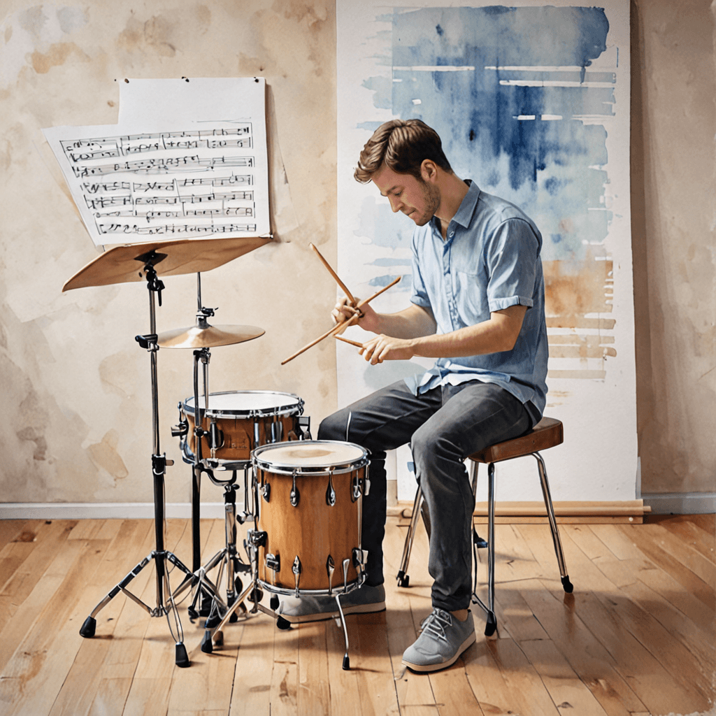 Beginner drum student playing along to a song with a private drum teacher in Etobicoke, watercolour illustration of drum lesson progress