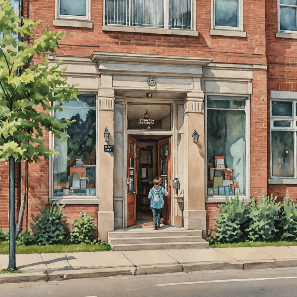 Family arriving at a private music school in Etobicoke for a music lesson, watercolour illustration of a welcoming music studio entrance