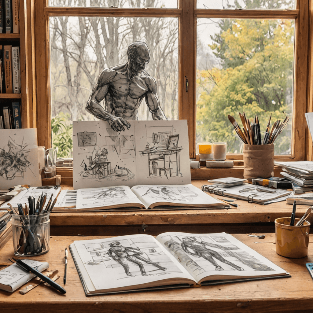 Animation sketchbook open showing gesture drawings, character turnarounds, and storyboard panels on a studio desk