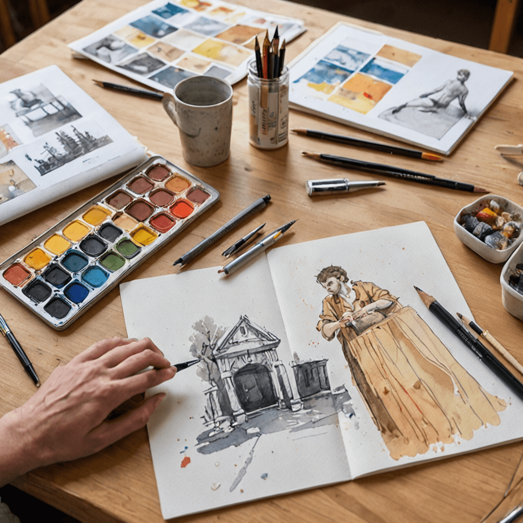 Open art portfolio showing illustration sketches and finished pieces laid out on a wooden table in a bright studio