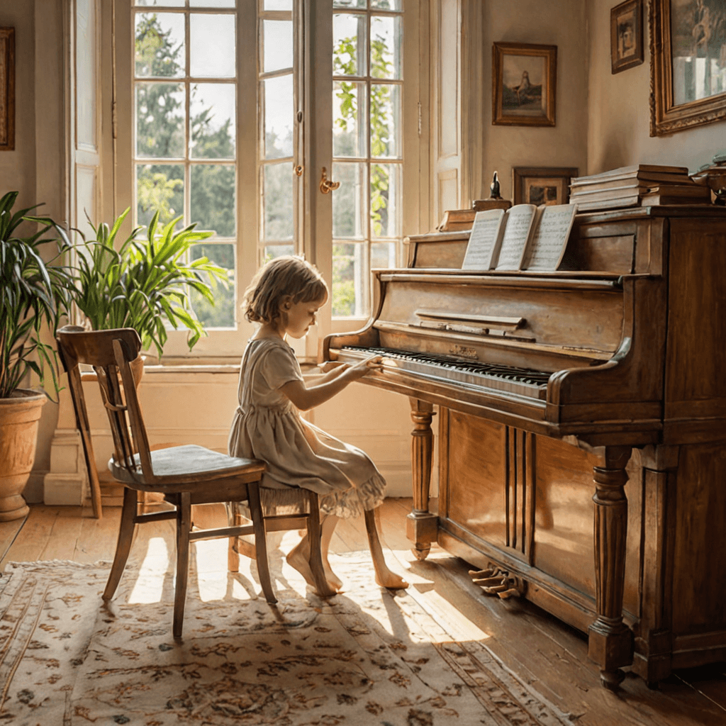 Young child practising piano in a bright Etobicoke living room with a parent reading nearby