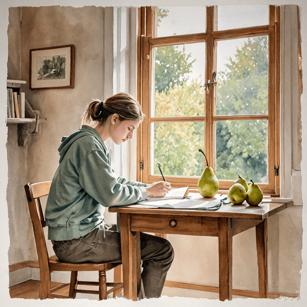 Teen art student practicing still life drawing in pencil for portfolio preparation, watercolour illustration of objects on a table with sketchbook
