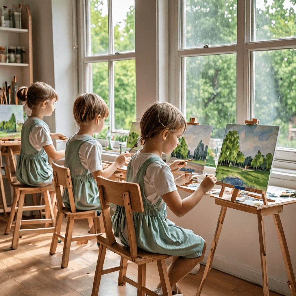 Watercolour illustration of young children painting at easels in a sunlit summer art classroom in Etobicoke