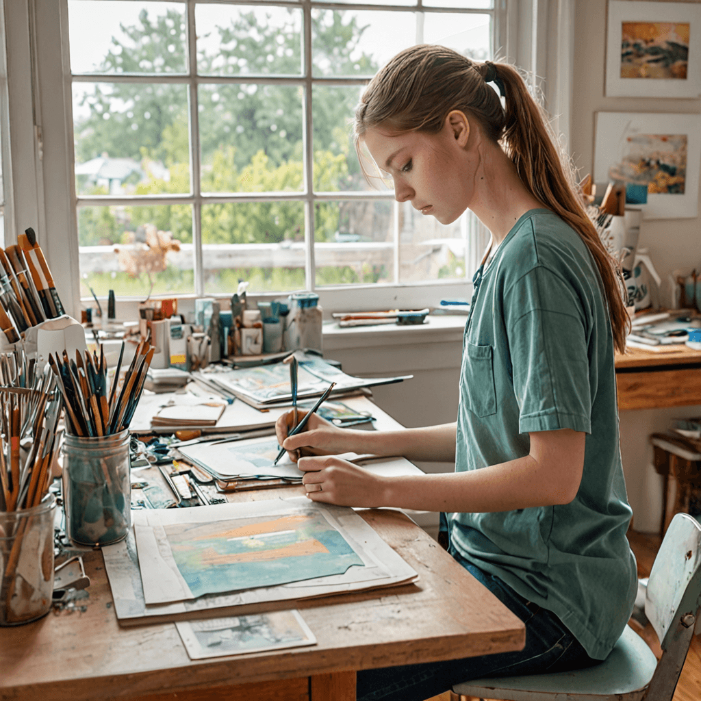 Watercolour illustration of a teenager working on art portfolio pieces with paintings drawings and sketches spread across a studio table during summer