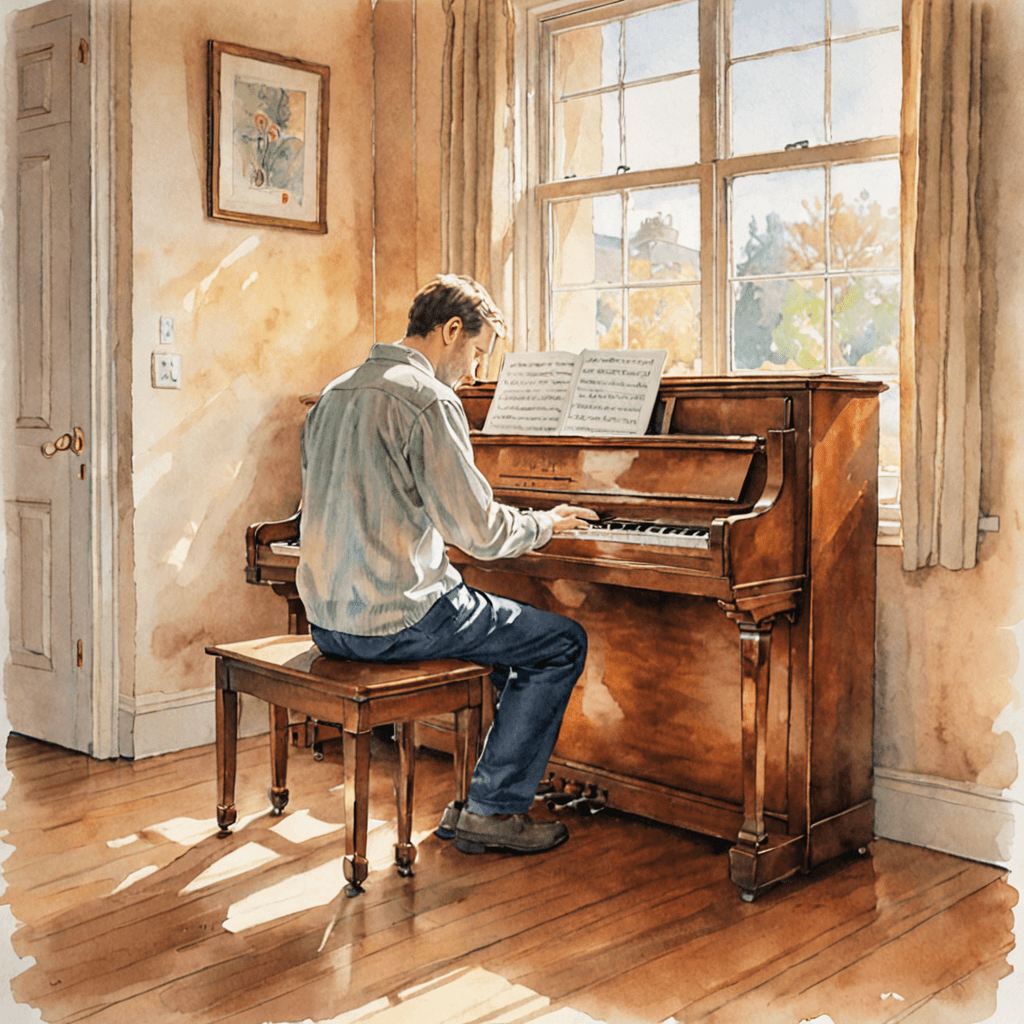 Adult learner at an upright piano during a one-on-one music lesson in Toronto