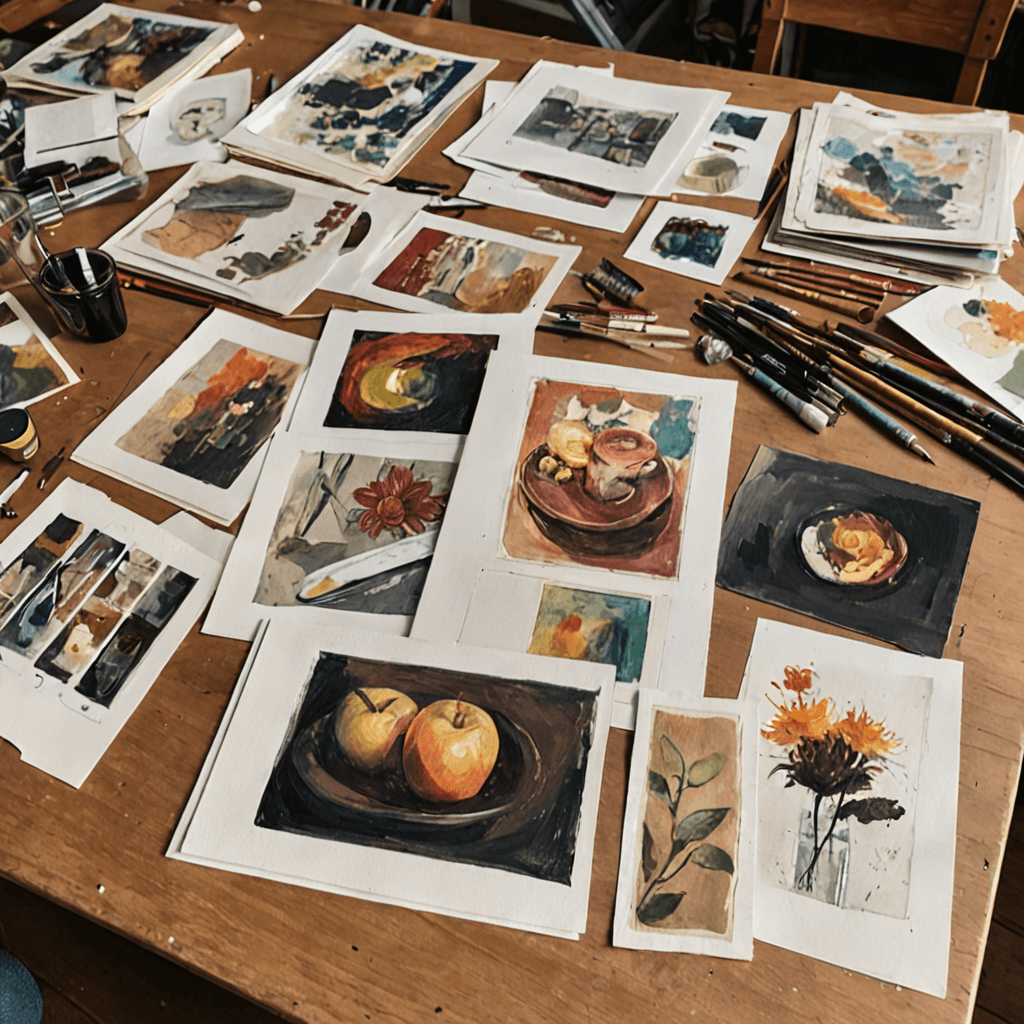 Oil painting style illustration of an art portfolio with sketches and finished pieces spread on a studio table