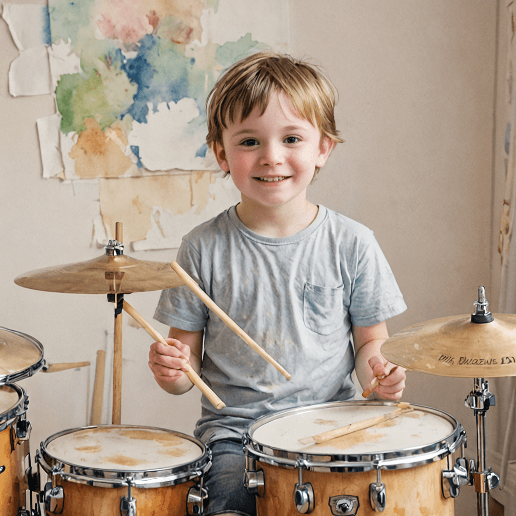 Watercolour illustration of a young child learning to play drums with sticks and a practice pad